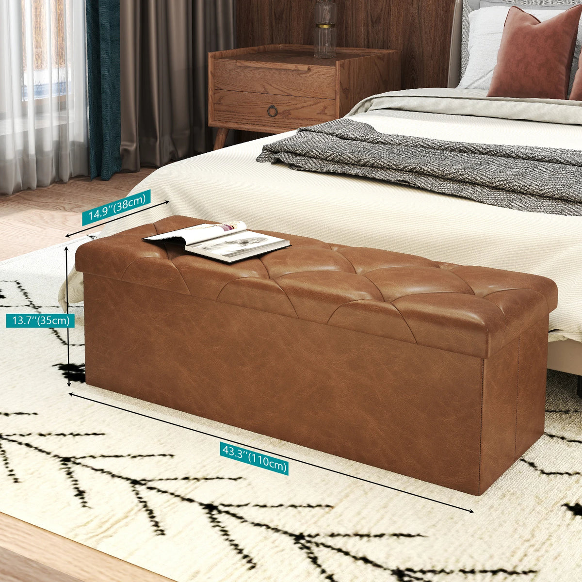 Tufted Leather Storage Bench And Folding Footrest Ottoman