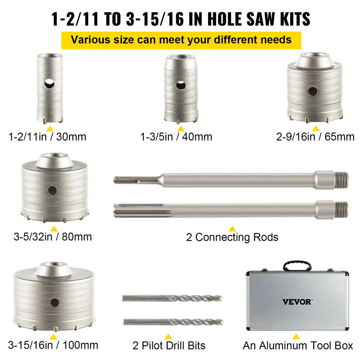 SucceBuy 4 in 1 Concrete Hole Saw Kit 8/9PCS 30-100/40-125 mm SDS Plus or SDS Max Shank Cement Drill Bit Hole Opener Tools Set