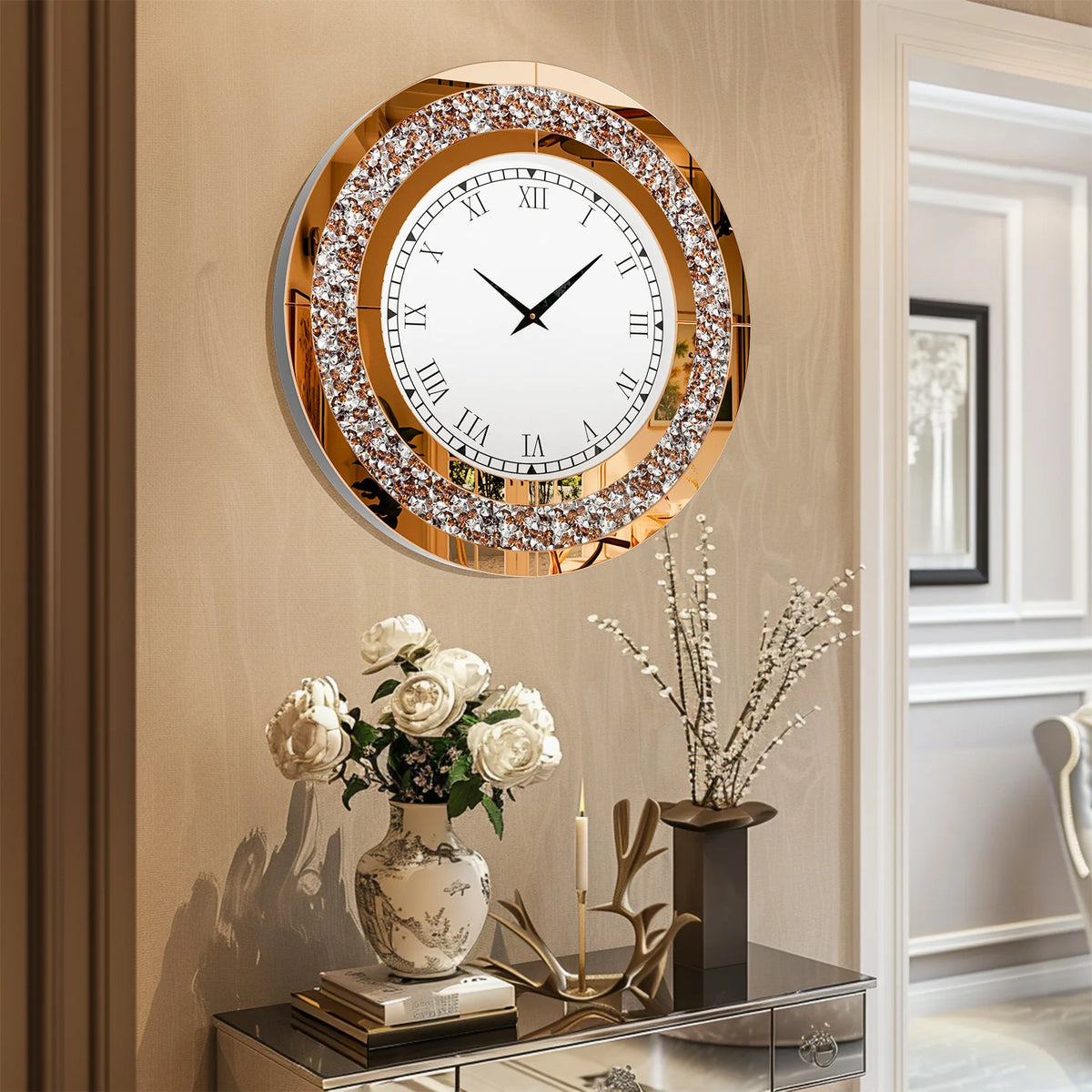 Decorative Round Wall Mirror With Crystal Sparkle Design