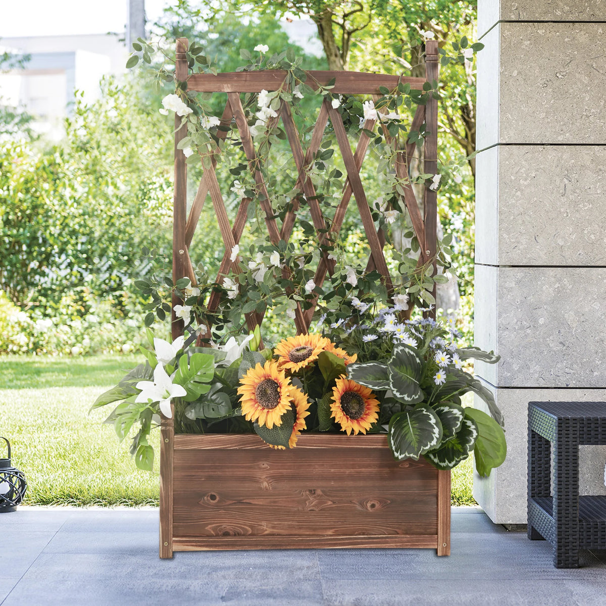 Raised Wood Planter Box With Attached Flower Trellis Stand