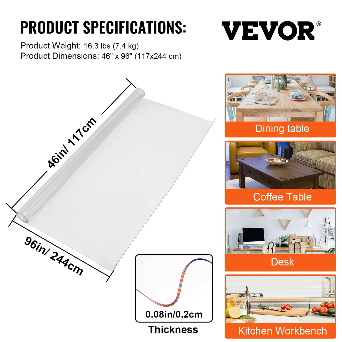 SucceBuy Multi-size 1.5/2mm Tablecloth Protector Table Cover Mat PVC Soft Waterproof Clear Water Resistant Easy Clean