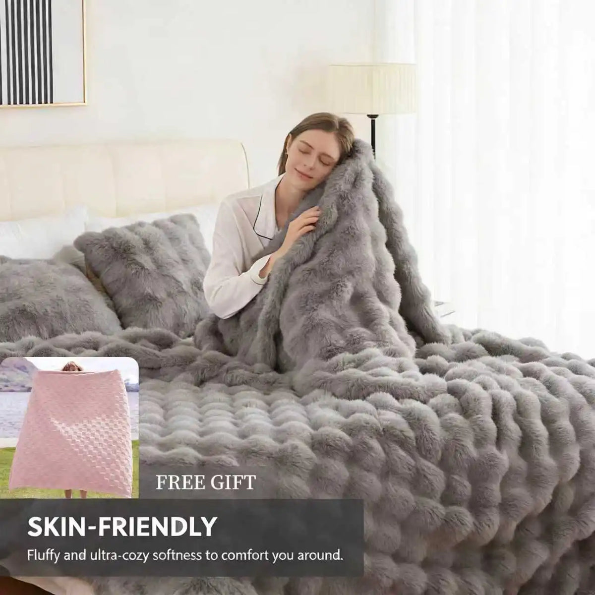 Soft Cozy Faux Fur Rabbit Blanket, Warm Thick for Bed Sofa Office, Elegant Home Decor, Perfect Gift, Durable and Versatile