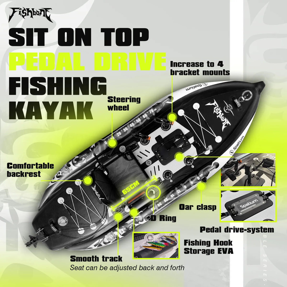 Spatium Pedal Drive Fishing Kayak Sit On Top Durable Craft
