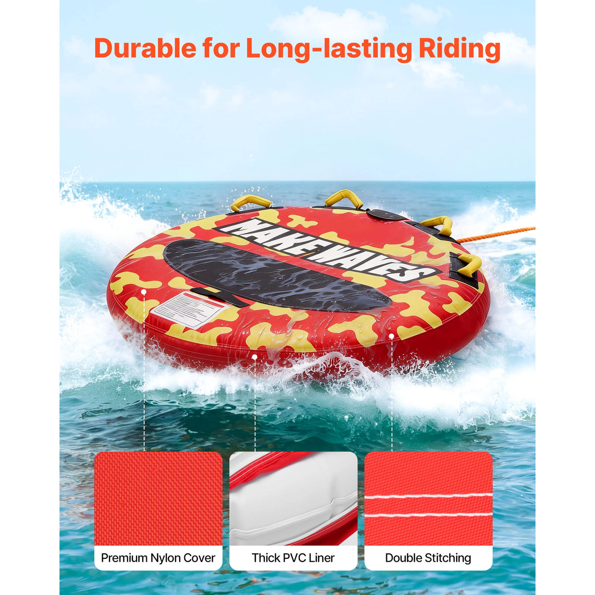 SucceBuy 2 3 Rider Inflatable Towable Boat Tube Padded Handles