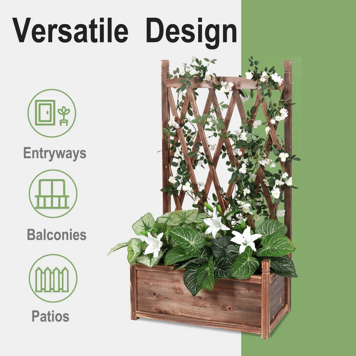 Raised Wood Planter Box With Attached Flower Trellis Stand