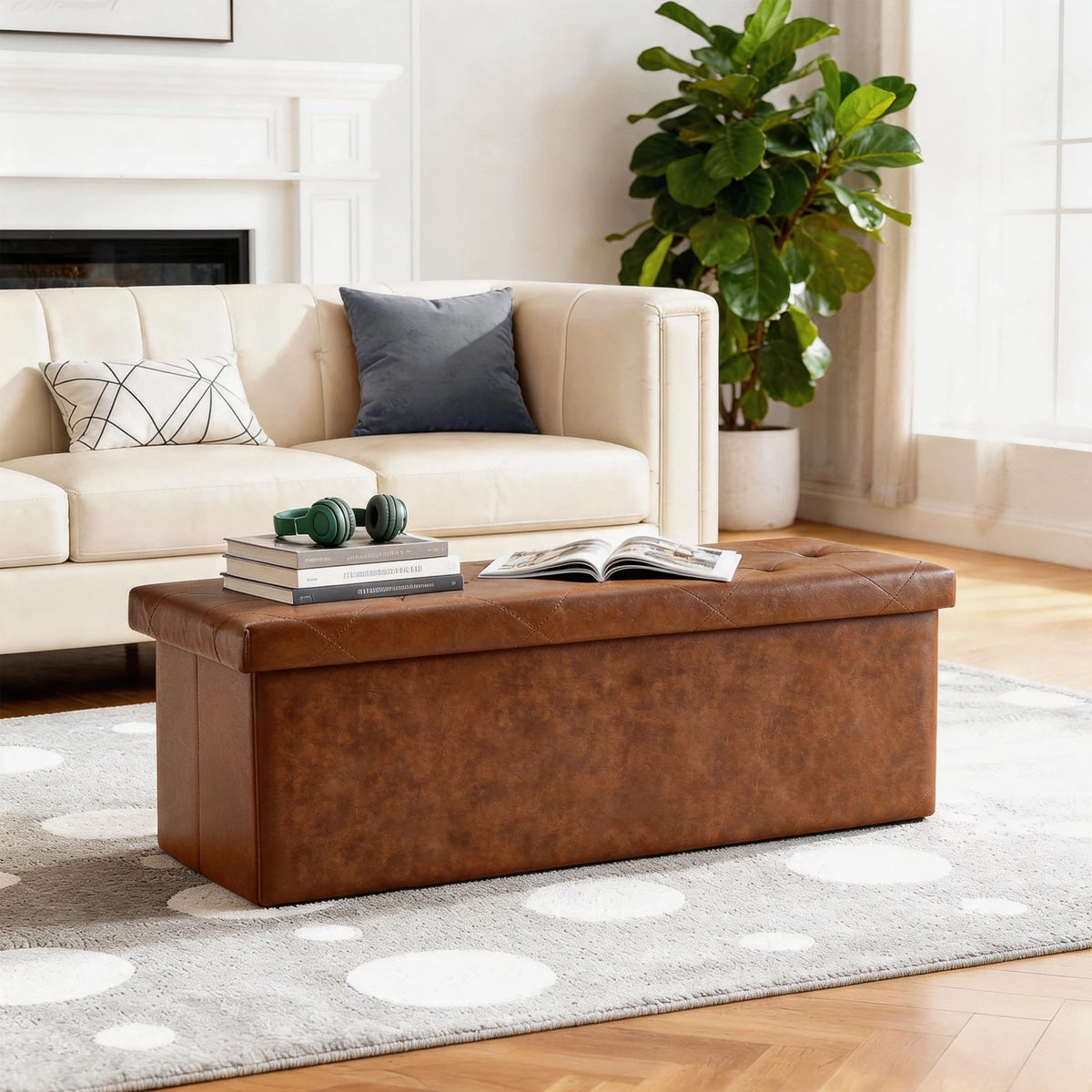 Tufted Leather Storage Bench And Folding Footrest Ottoman