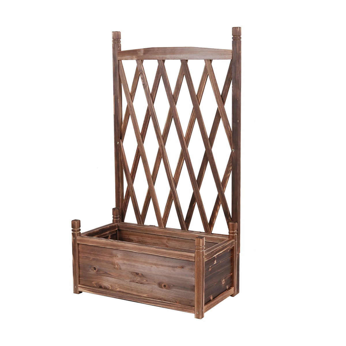Raised Wood Planter Box With Attached Flower Trellis Stand
