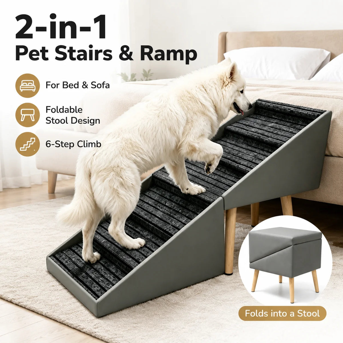 6 Step Wooden Dog Stairs Non Slip Pet Ramp For Safe Bed Access