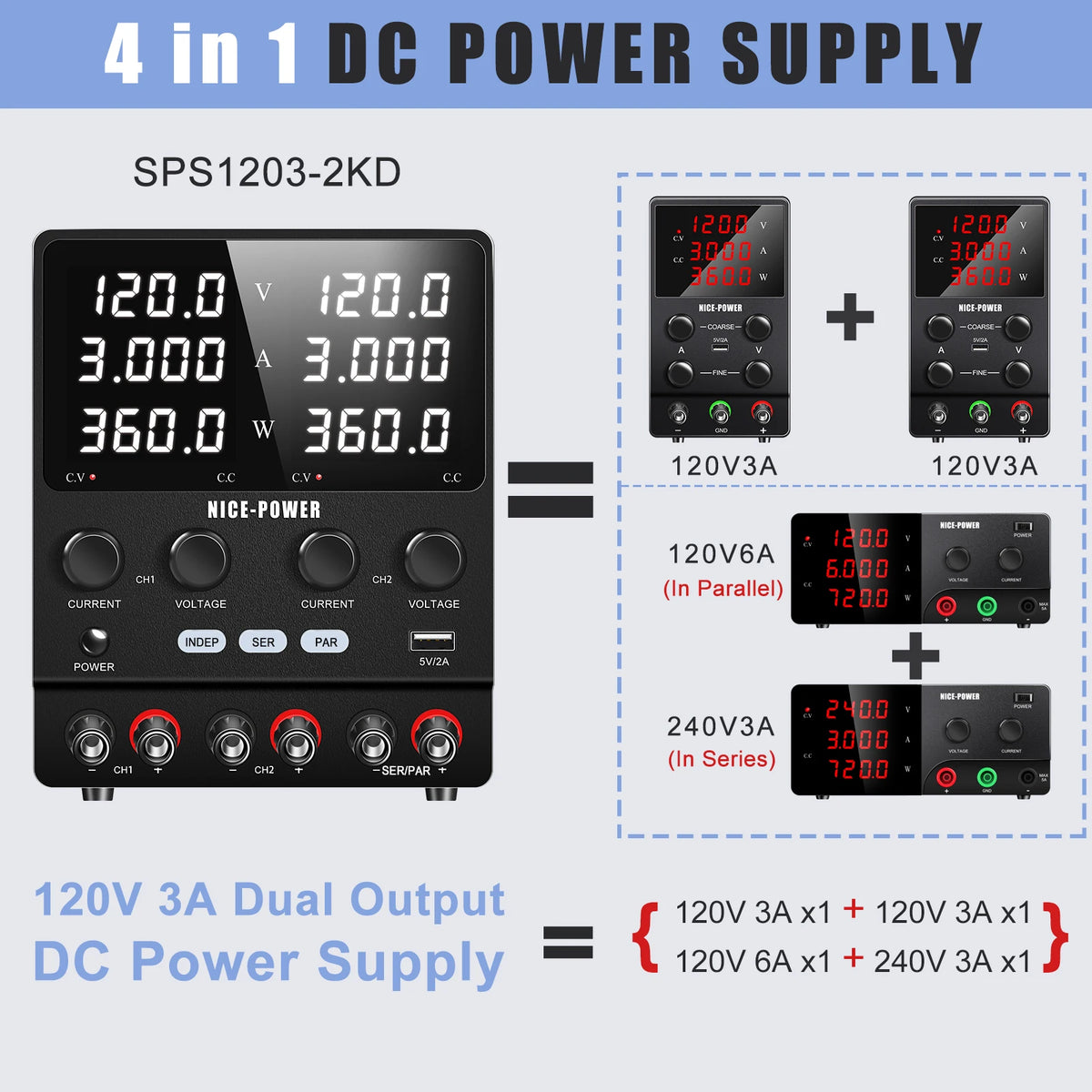 NICE-POWER 120V 3A Lab DC Power Supply 0-240V 0-6A Dual Channel Bench Power Source 12V 24V 10A 20A Power Supply Series Parallel