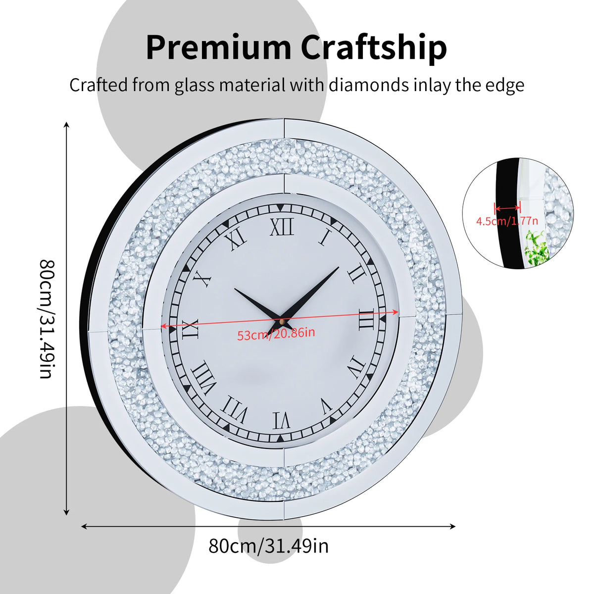 Crystal Mirrored Wall Clock With Alarm And Silent Movement