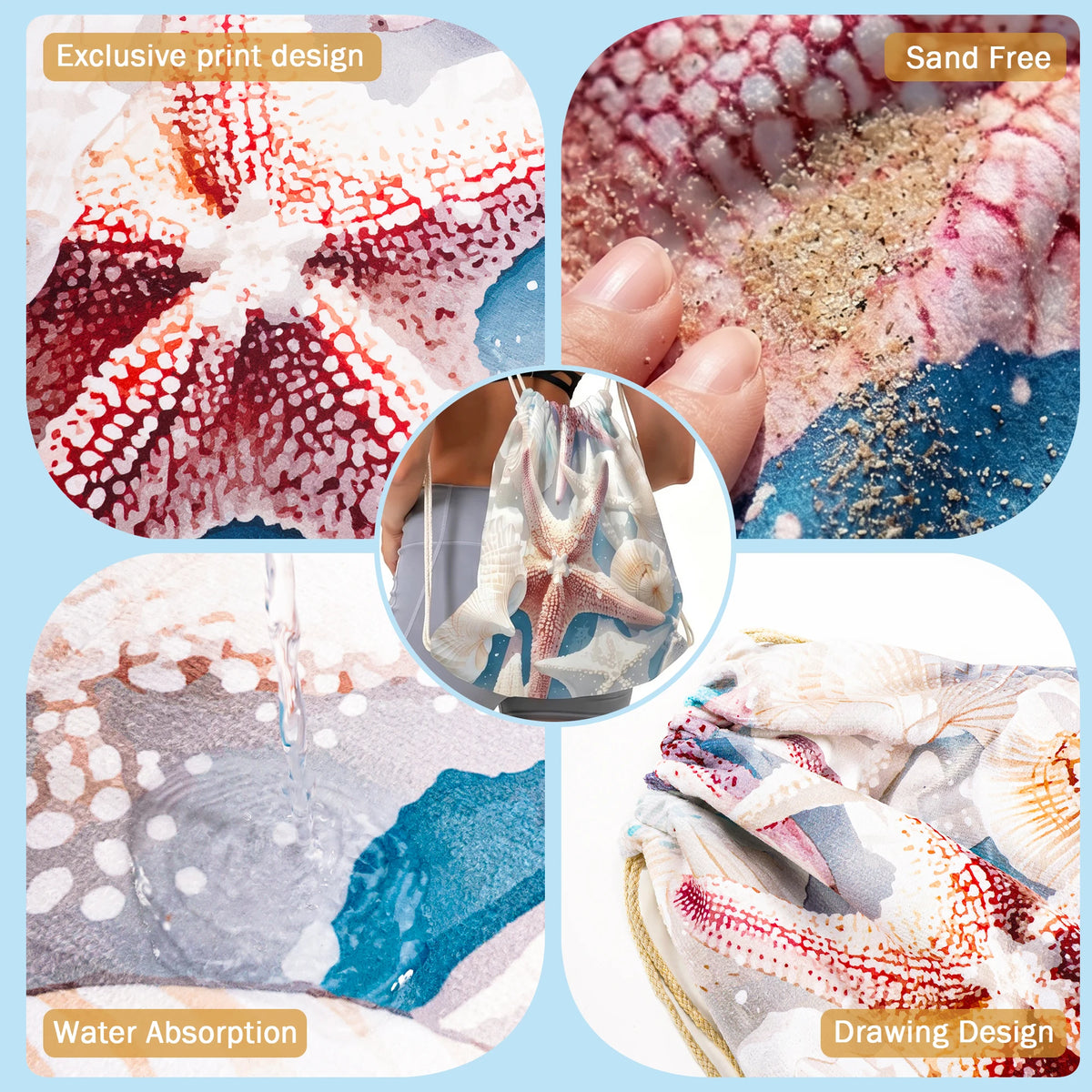 Quick Dry Seashell Beach Towel With Drawstring Phone Pouch