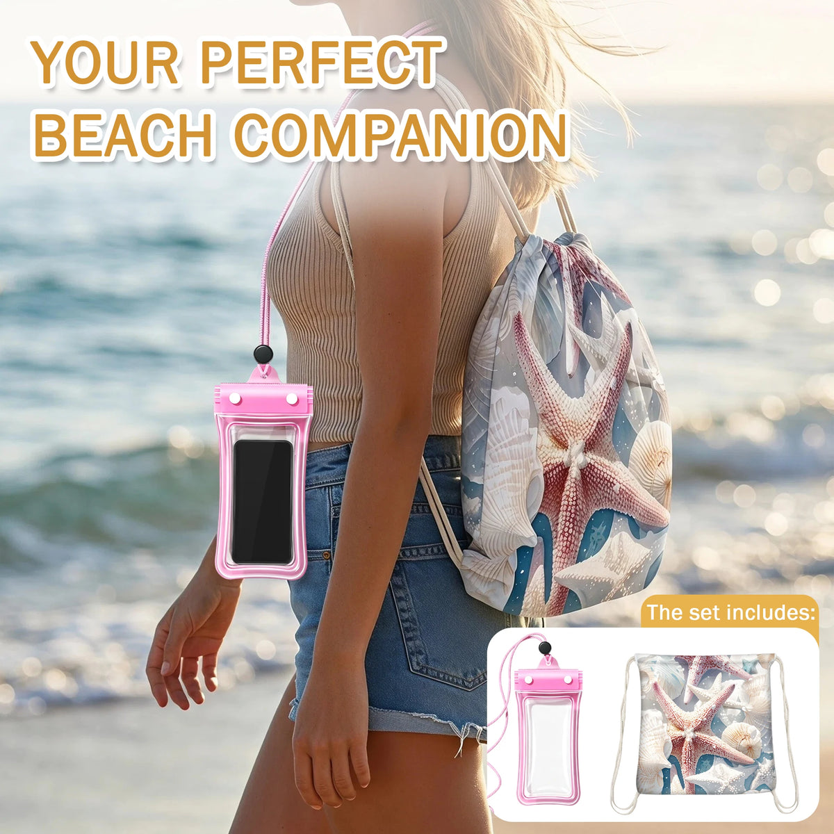 Quick Dry Seashell Beach Towel With Drawstring Phone Pouch