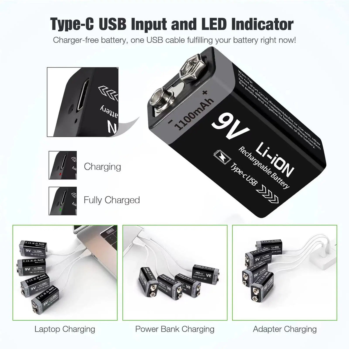 Kuugro 9V Rechargeable Battery 1100mAh Type C For RC Toys