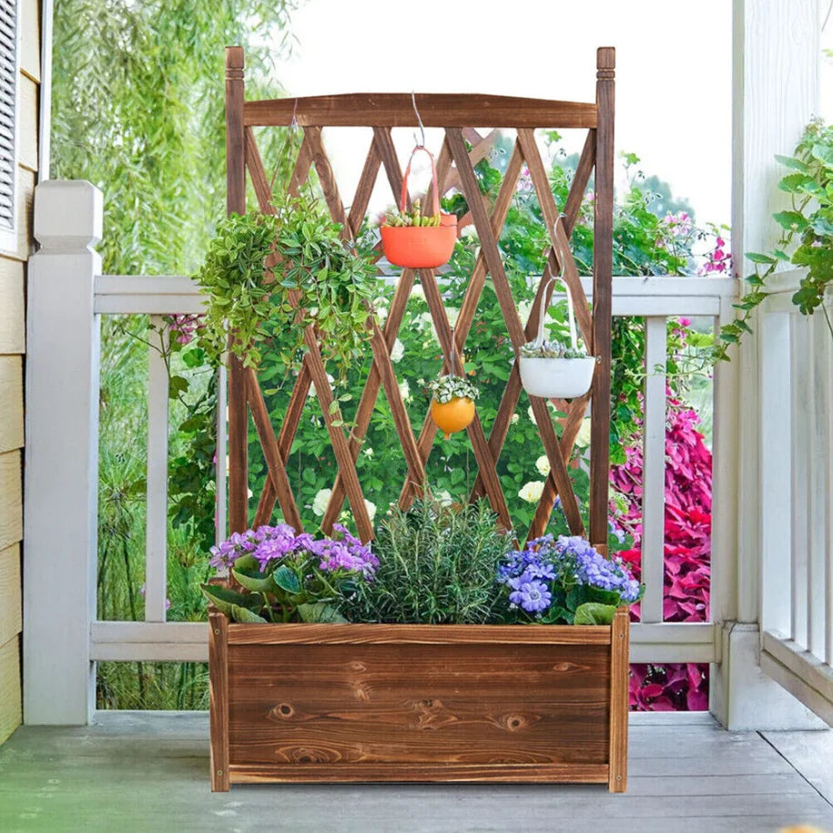 Raised Wood Planter Box With Attached Flower Trellis Stand