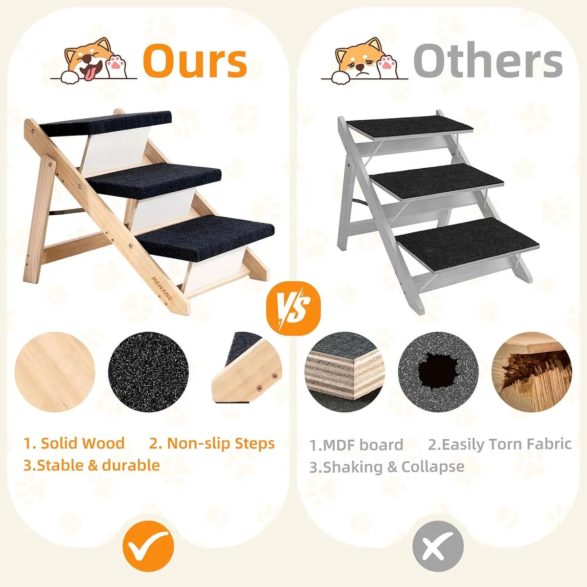 Durable Wood Pet Stairs And Ramp For Senior Pets 2in1 Foldable Grip