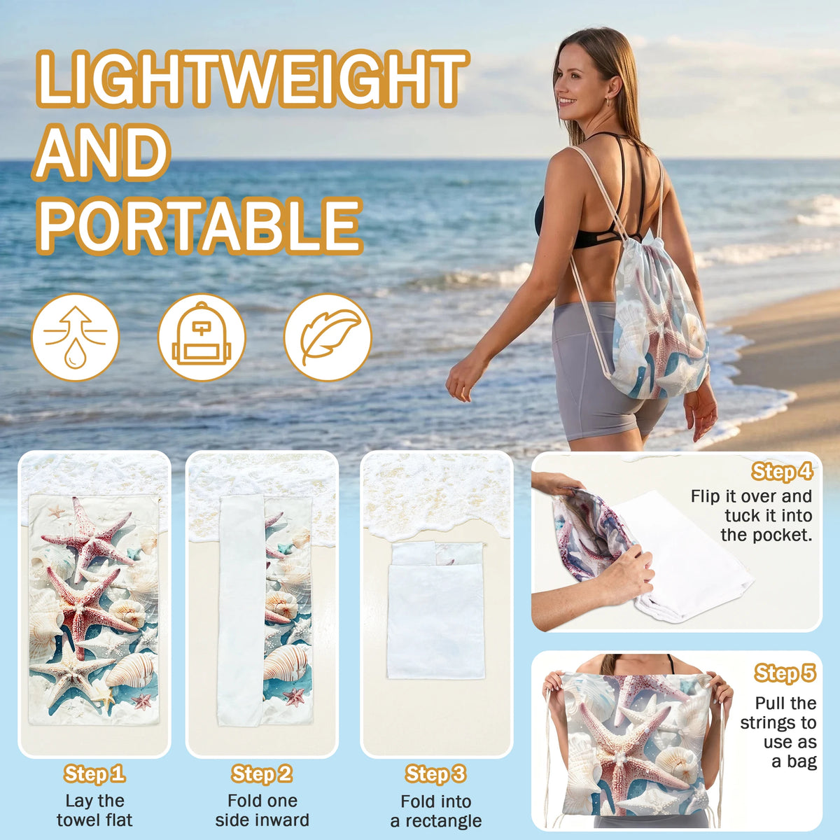 Quick Dry Seashell Beach Towel With Drawstring Phone Pouch