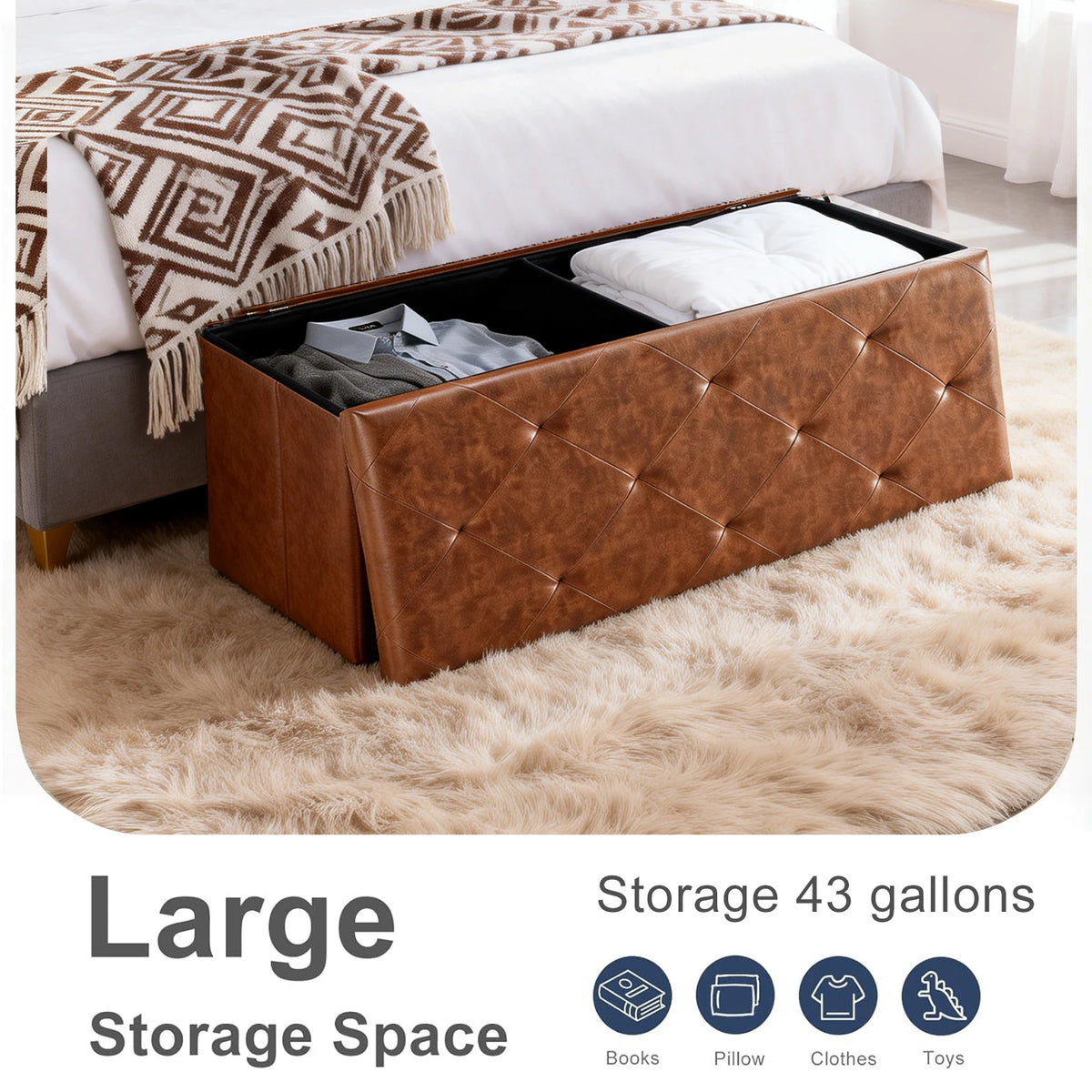 Tufted Leather Storage Bench And Folding Footrest Ottoman