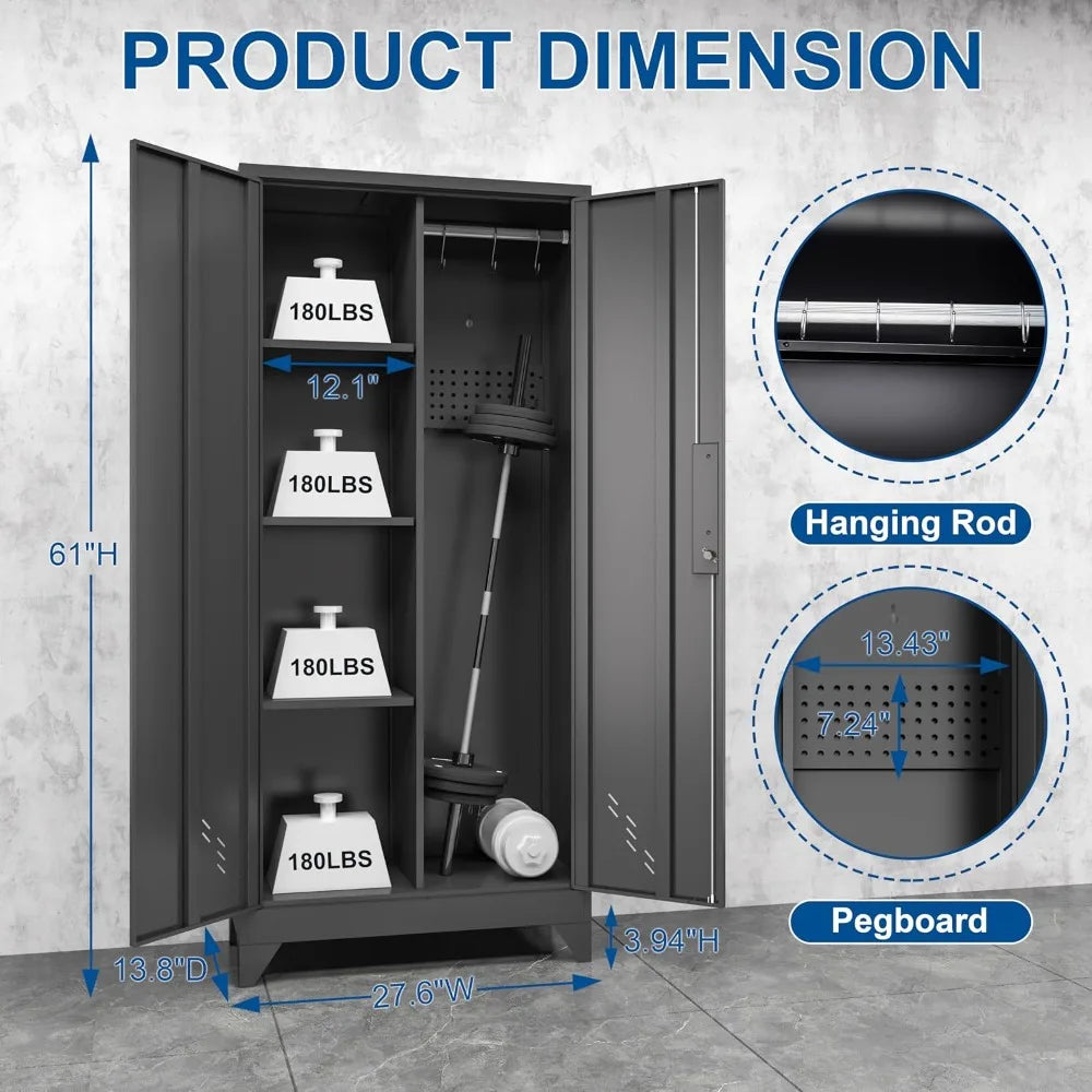 Lockable Metal Garage Storage Cabinet With Pegboard Organizer
