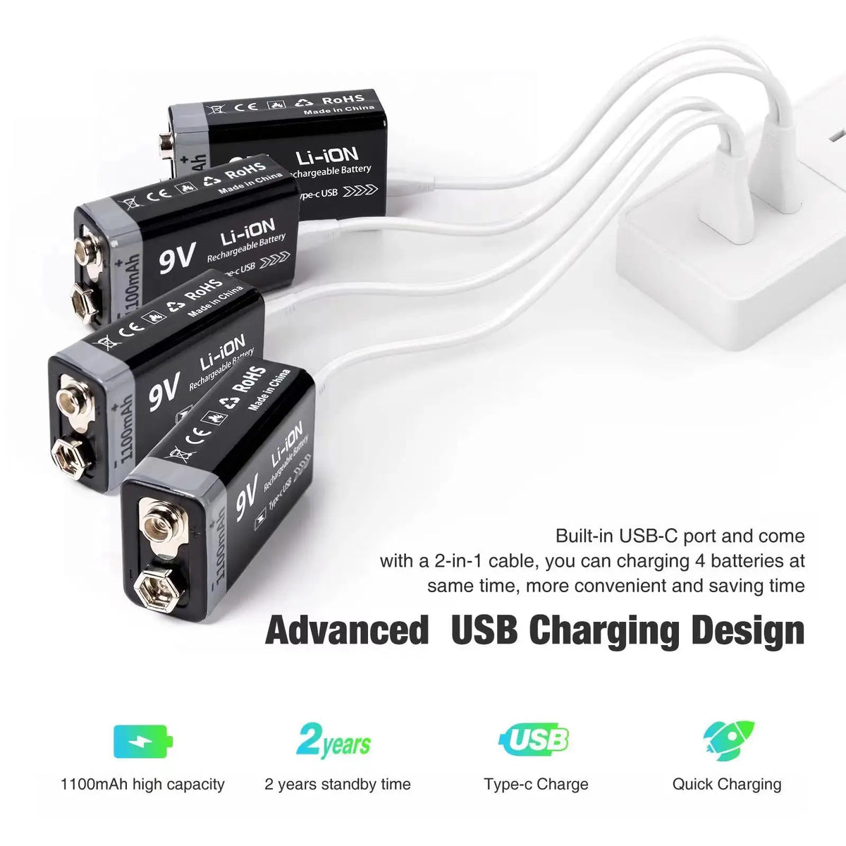 Kuugro 9V Rechargeable Battery 1100mAh Type C For RC Toys