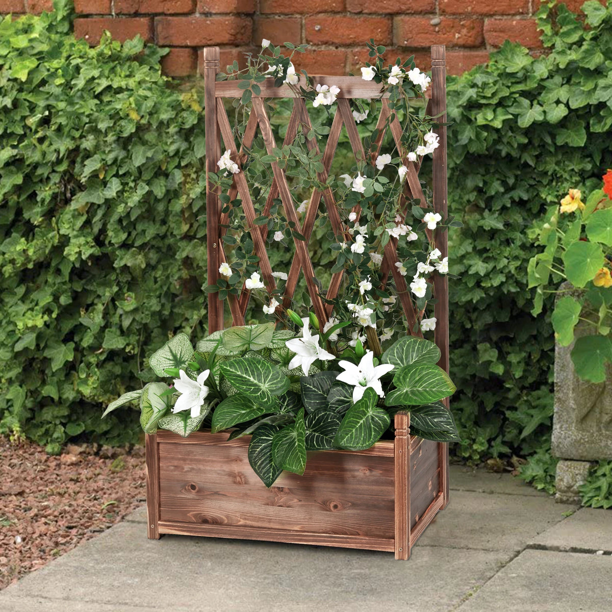 Raised Wood Planter Box With Attached Flower Trellis Stand