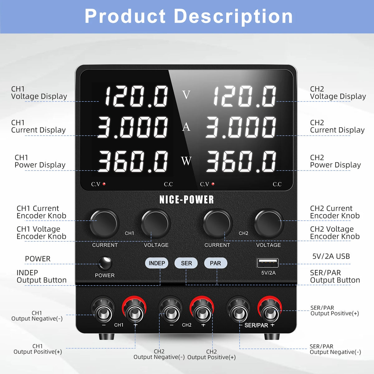 NICE-POWER 120V 3A Lab DC Power Supply 0-240V 0-6A Dual Channel Bench Power Source 12V 24V 10A 20A Power Supply Series Parallel