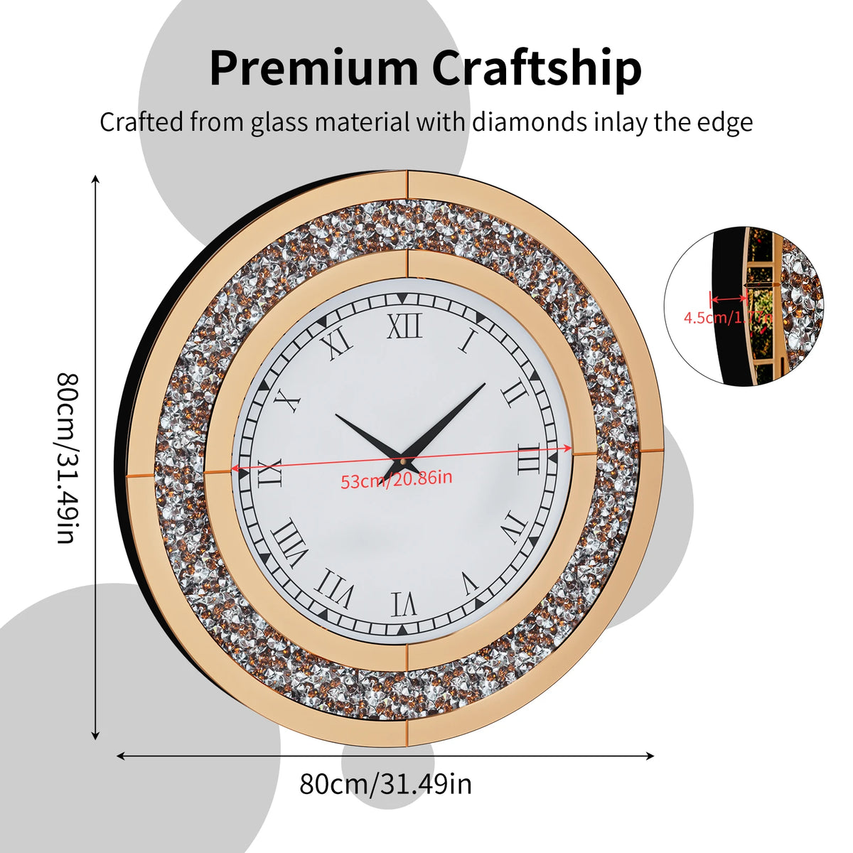 Crystal Mirrored Wall Clock With Alarm And Silent Movement