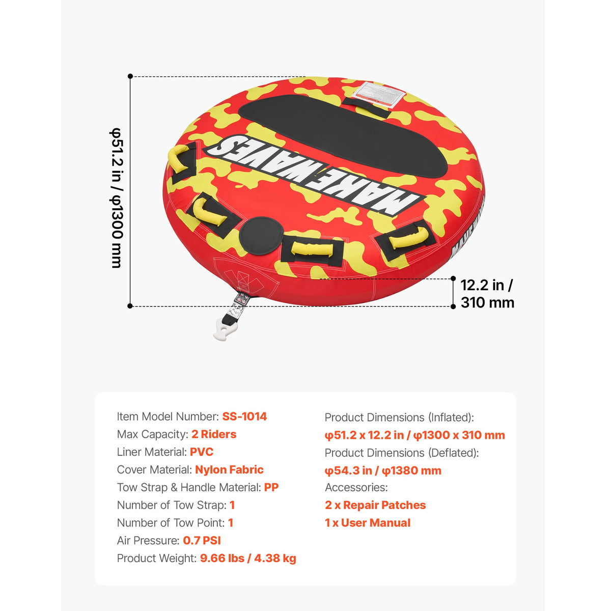 SucceBuy 2 3 Rider Inflatable Towable Boat Tube Padded Handles