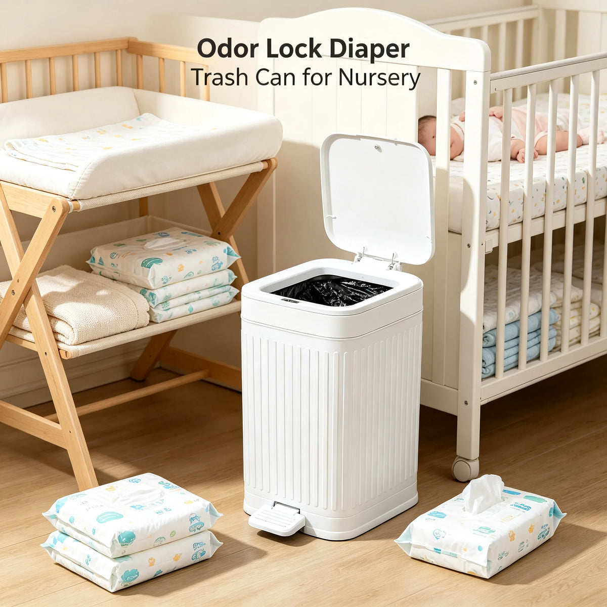 Compact Ribbed Foot Trash Can With Hands Free Lid For Homes