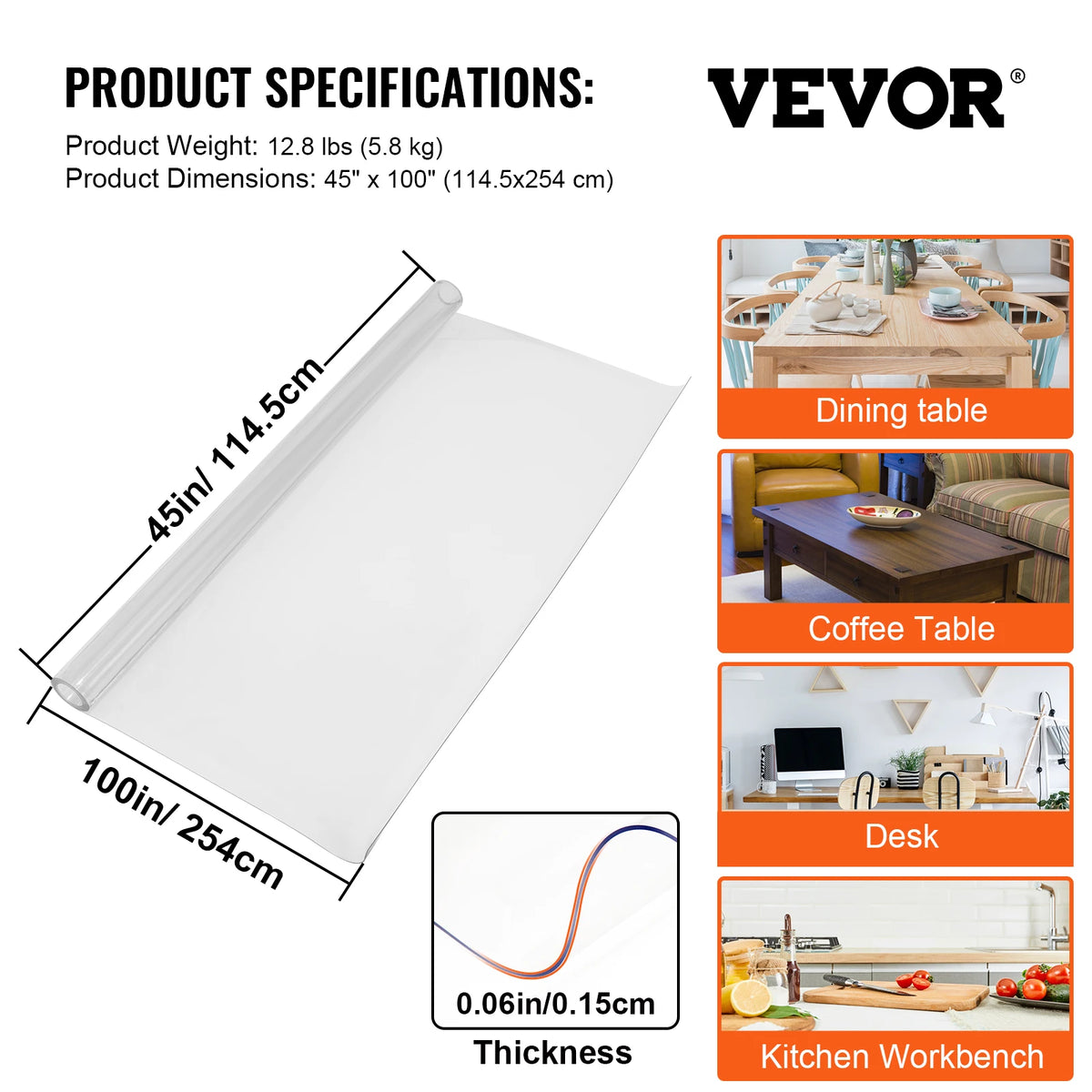 SucceBuy Multi-size 1.5/2mm Tablecloth Protector Table Cover Mat PVC Soft Waterproof Clear Water Resistant Easy Clean