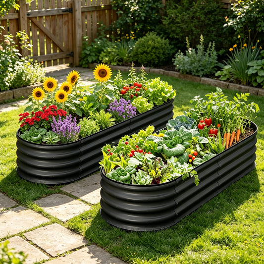 HiMISS Oval Galvanized Metal Raised Garden Bed Planter Box