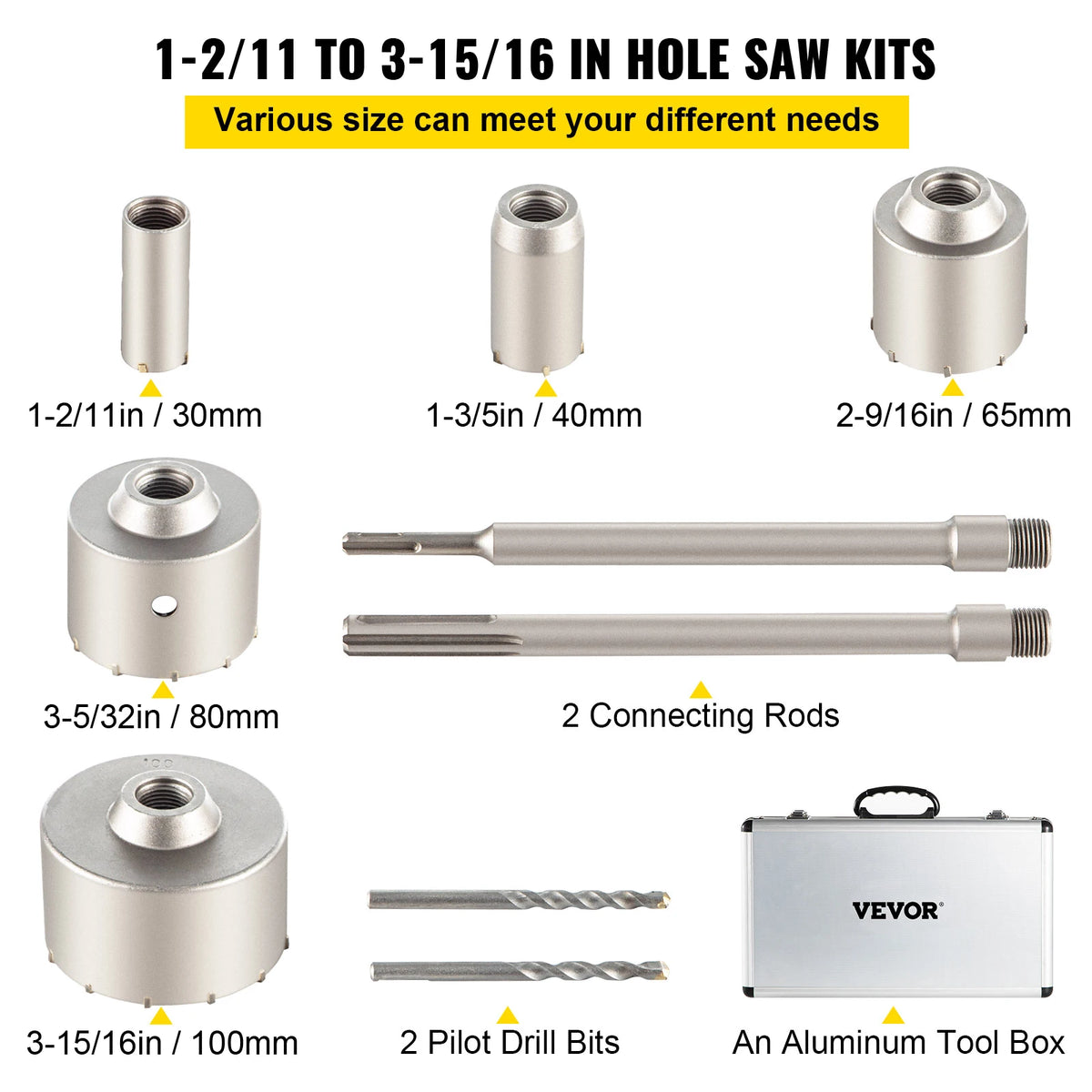 SucceBuy 4 in 1 Concrete Hole Saw Kit 8/9PCS 30-100/40-125 mm SDS Plus or SDS Max Shank Cement Drill Bit Hole Opener Tools Set