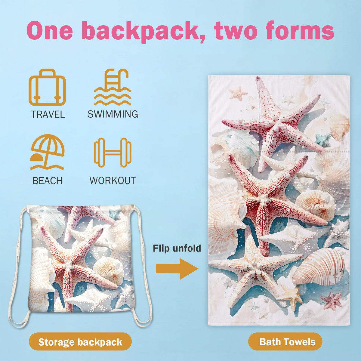 Quick Dry Seashell Beach Towel With Drawstring Phone Pouch