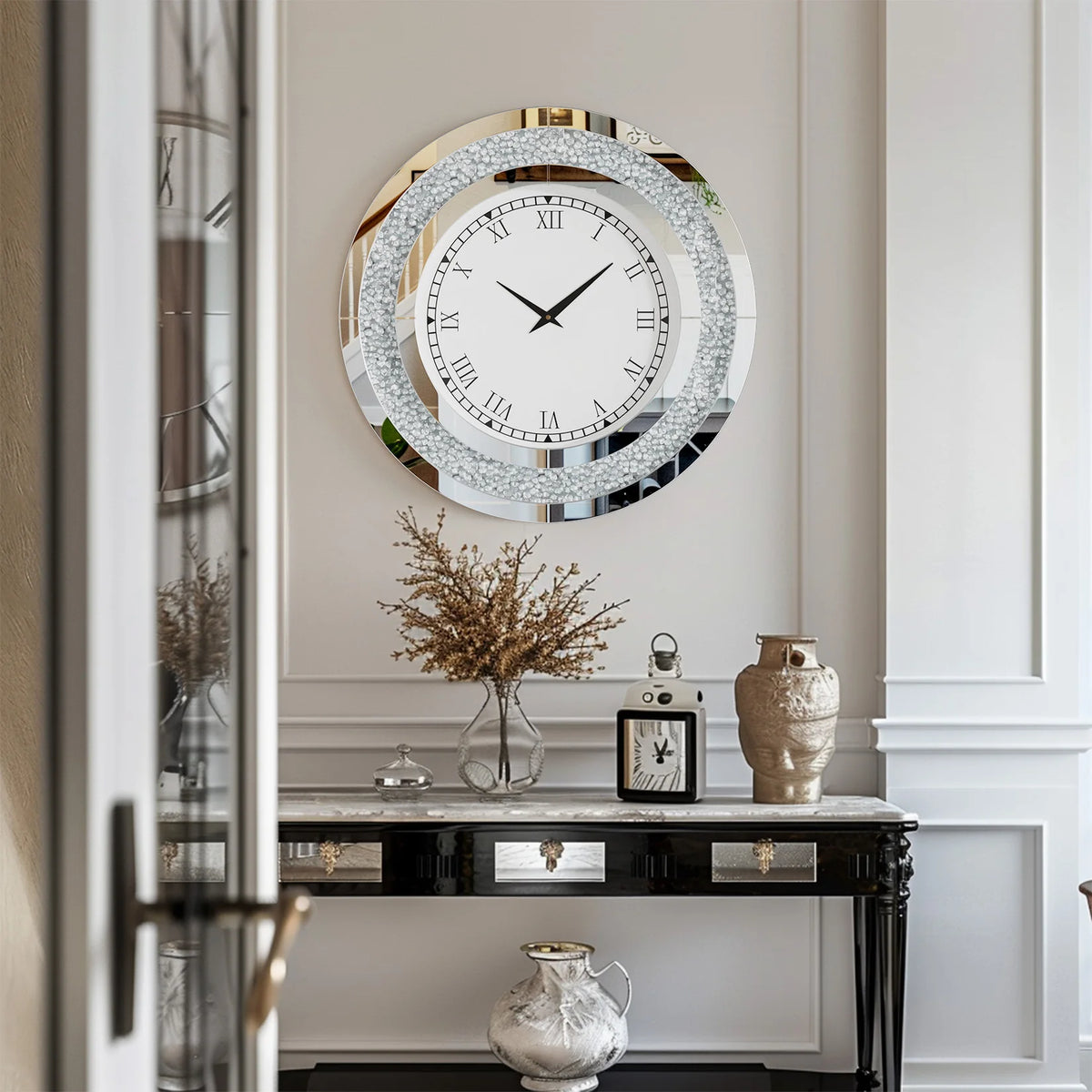 Decorative Round Wall Mirror With Crystal Sparkle Design