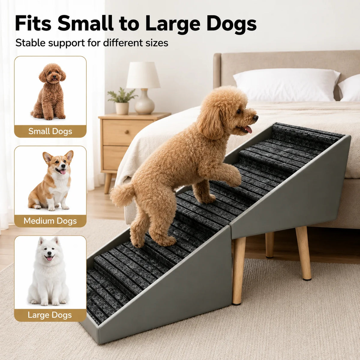 6 Step Wooden Dog Stairs Non Slip Pet Ramp For Safe Bed Access