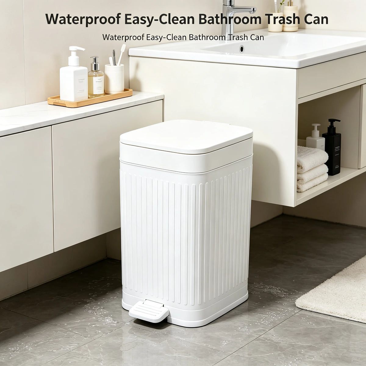 Compact Ribbed Foot Trash Can With Hands Free Lid For Homes