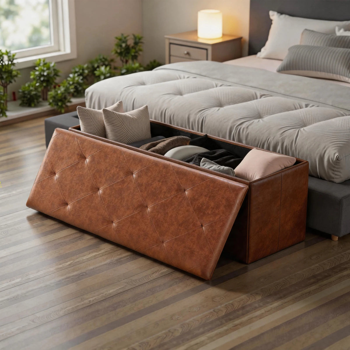 Tufted Leather Storage Bench And Folding Footrest Ottoman