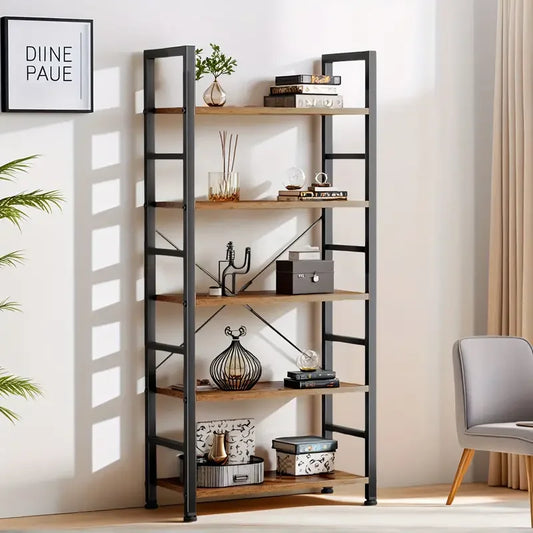 Vintage 5 Tier Bookshelf Stain Resistant Metal Frame Office