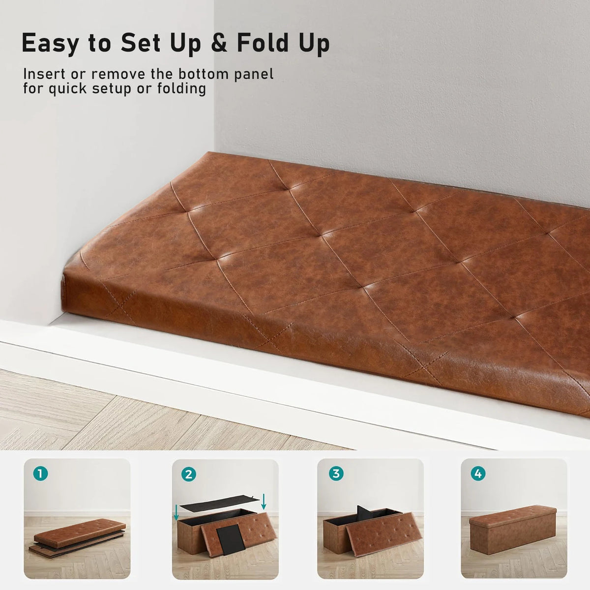Tufted Leather Storage Bench And Folding Footrest Ottoman