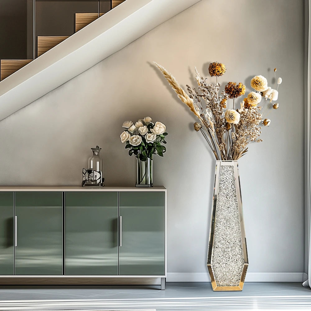 Modern Crushed Diamond Mirrored Glass Floor Flower Vase