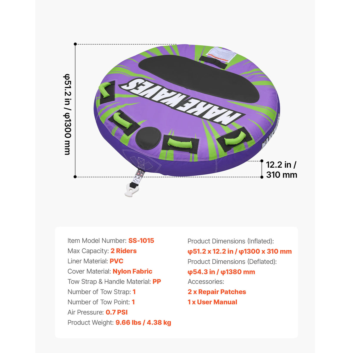 SucceBuy 2 3 Rider Inflatable Towable Boat Tube Padded Handles