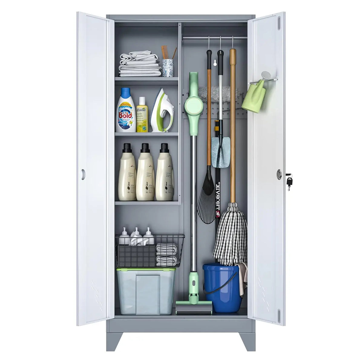 Lockable Metal Garage Storage Cabinet With Pegboard Organizer