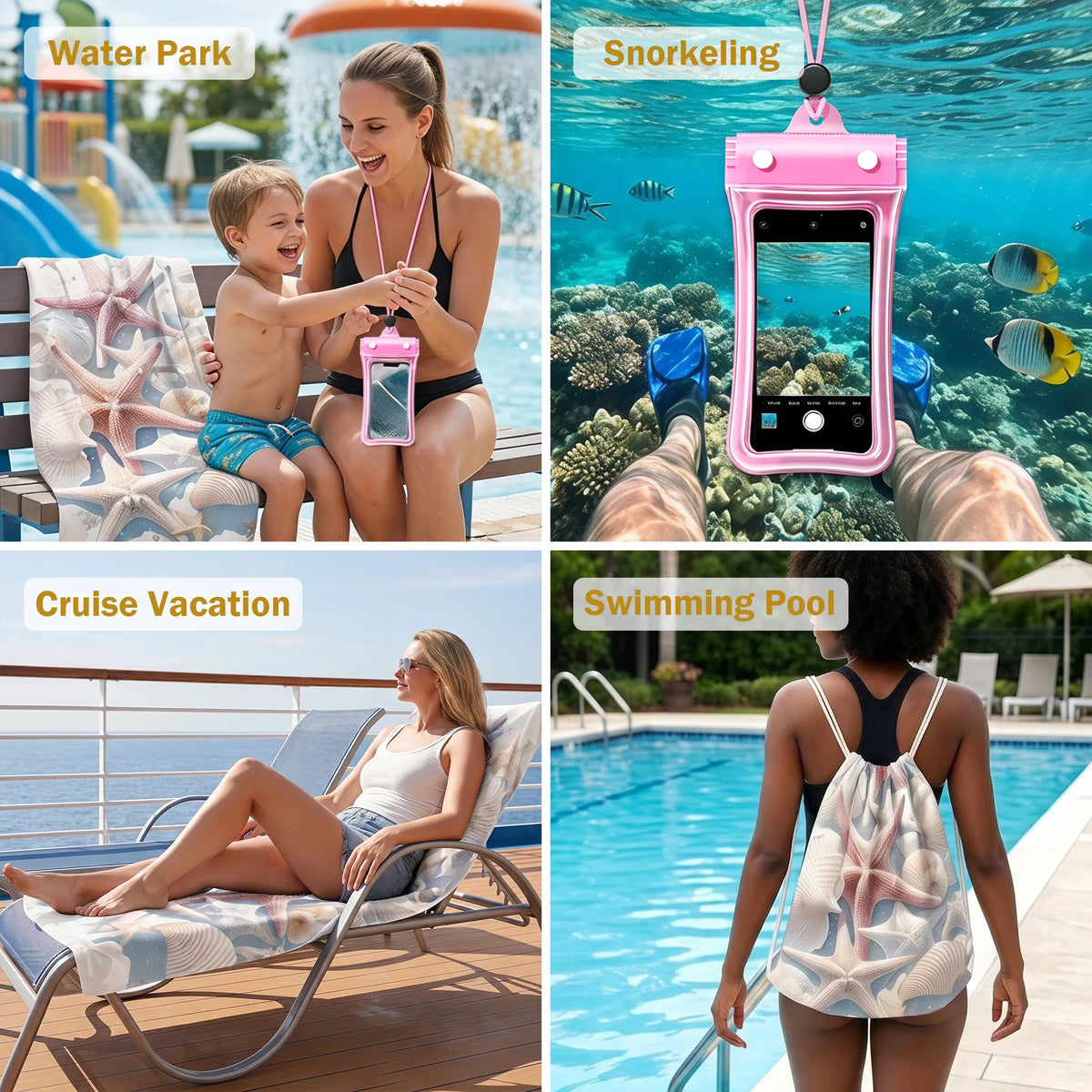 Quick Dry Seashell Beach Towel With Drawstring Phone Pouch