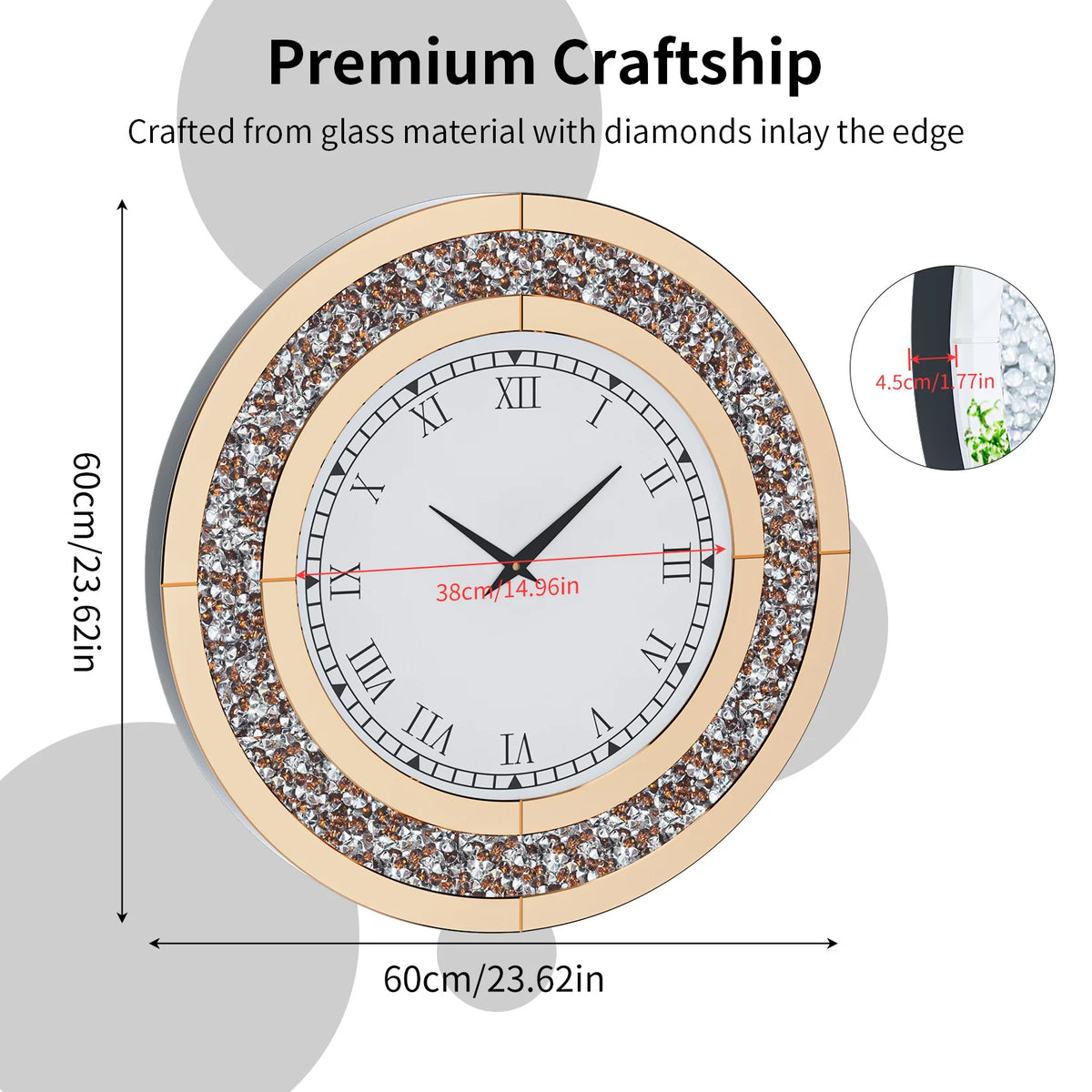 Crystal Mirrored Wall Clock With Alarm And Silent Movement