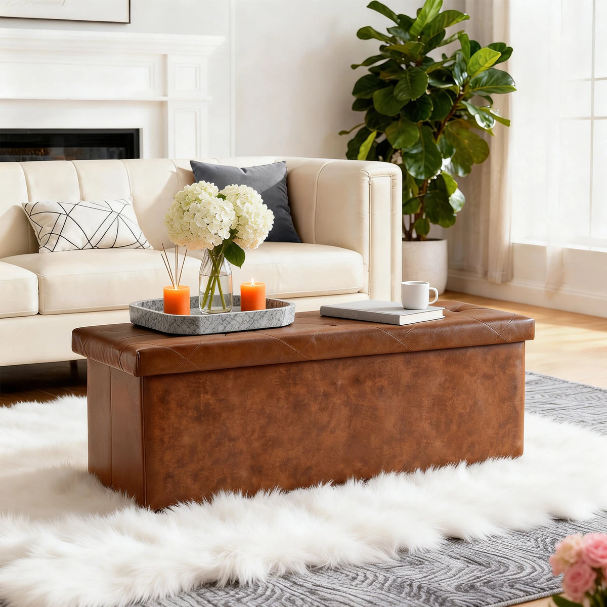 Tufted Leather Storage Bench And Folding Footrest Ottoman