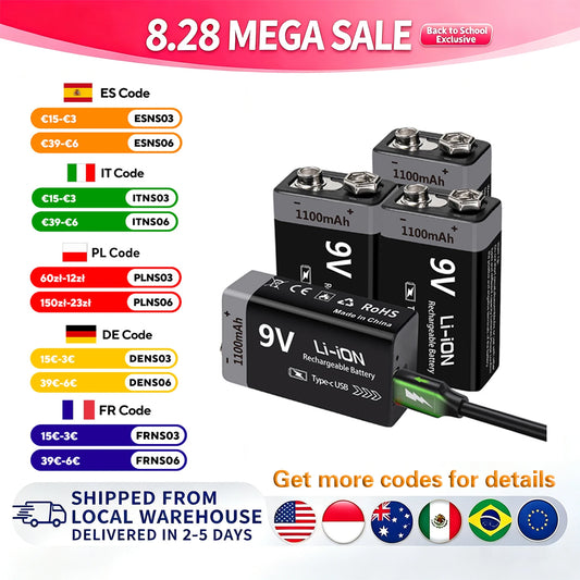 Kuugro 9V Rechargeable Battery 1100mAh Type C For RC Toys