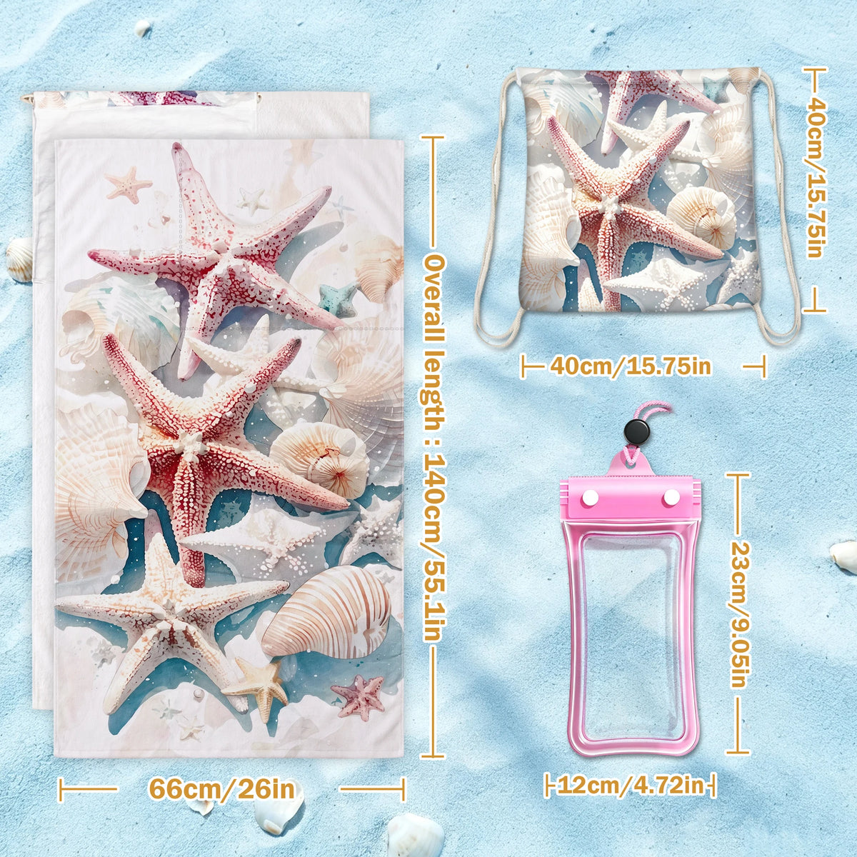 Quick Dry Seashell Beach Towel With Drawstring Phone Pouch