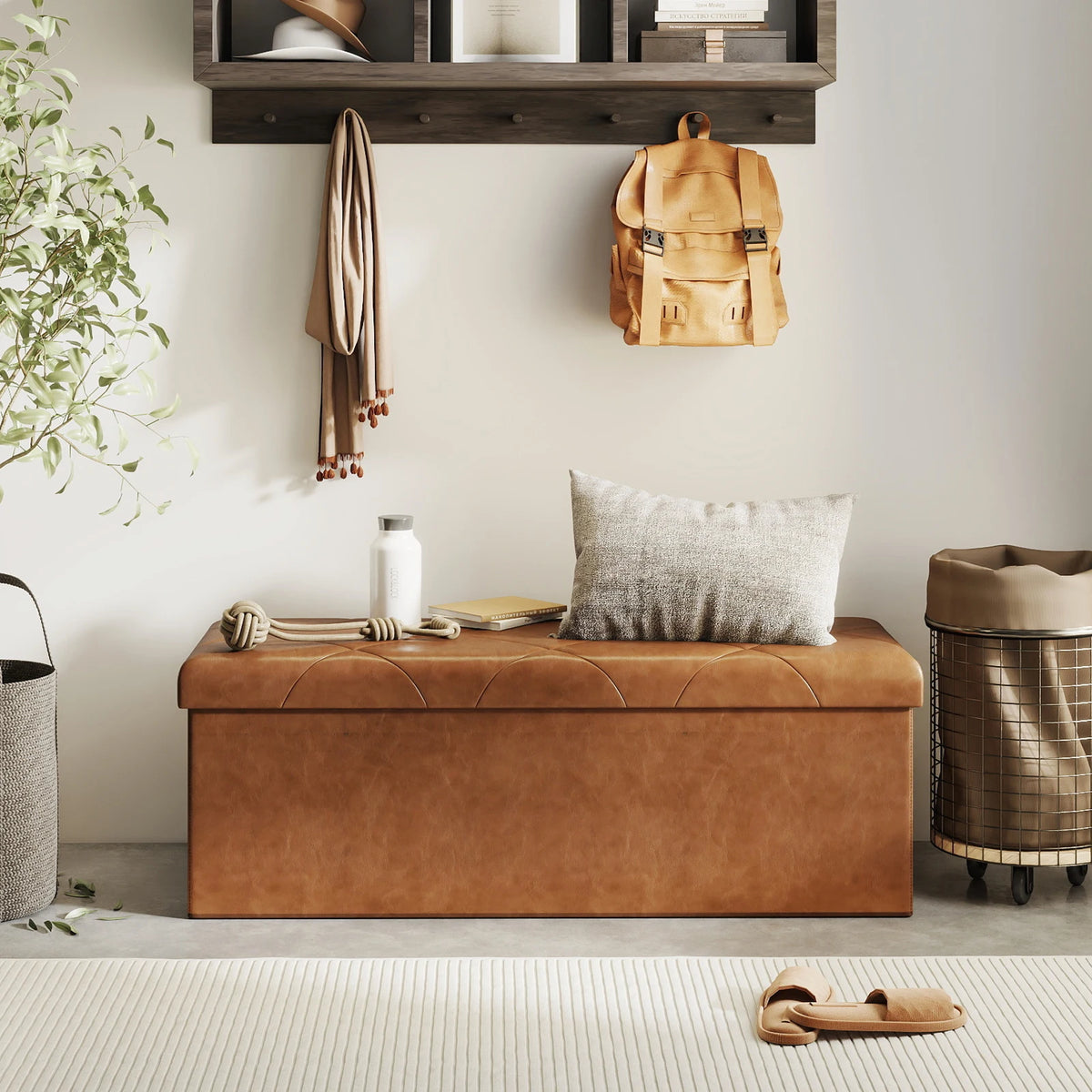Tufted Leather Storage Bench And Folding Footrest Ottoman
