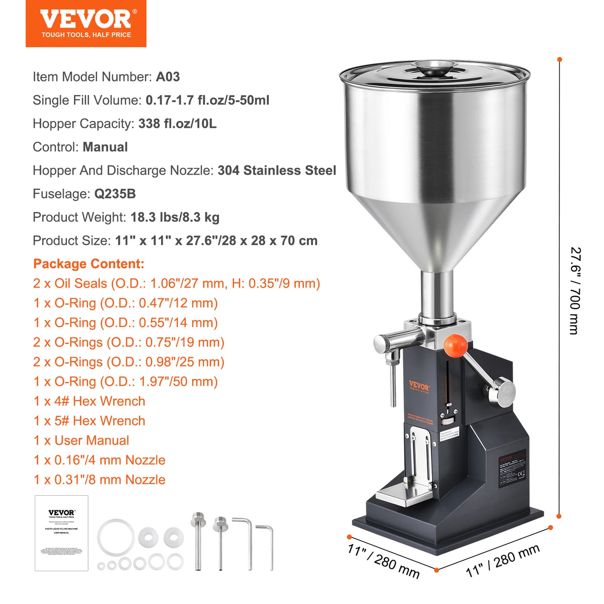 SucceBuy A03 5-50ml/5-100ml Manual Liquid Filling Machine Paste Bottle Filler Adjustable with Hopper for Water Shampoo Honey