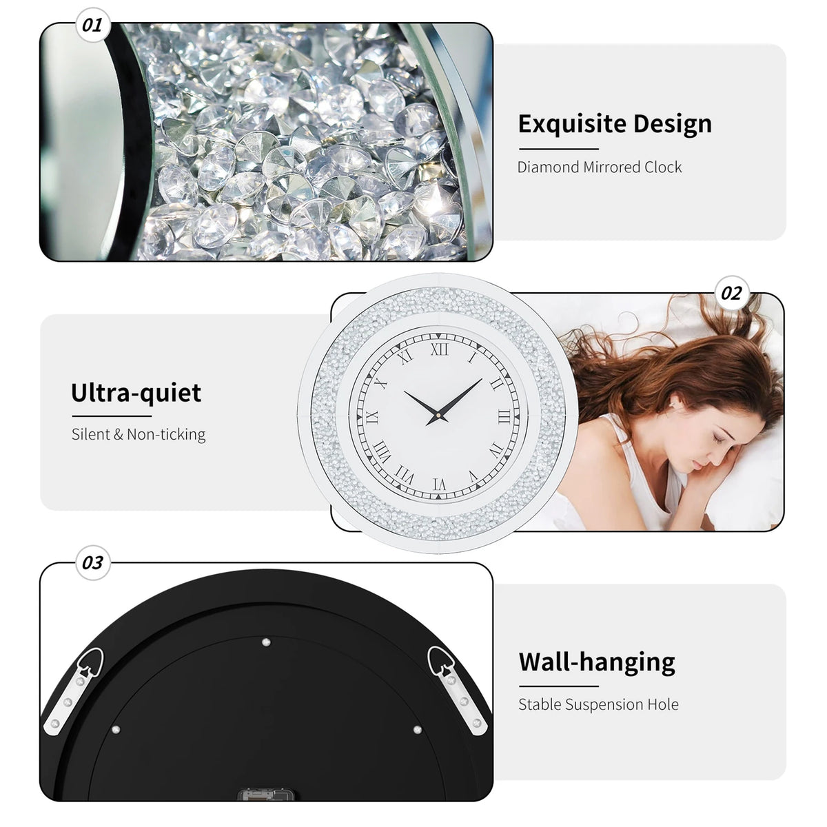 Crystal Mirrored Wall Clock With Alarm And Silent Movement