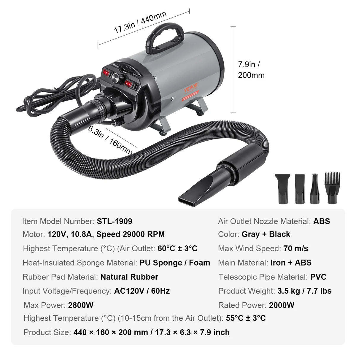 SucceBuy Powerful Dog Blow Dryer With Four Nozzles And Hose